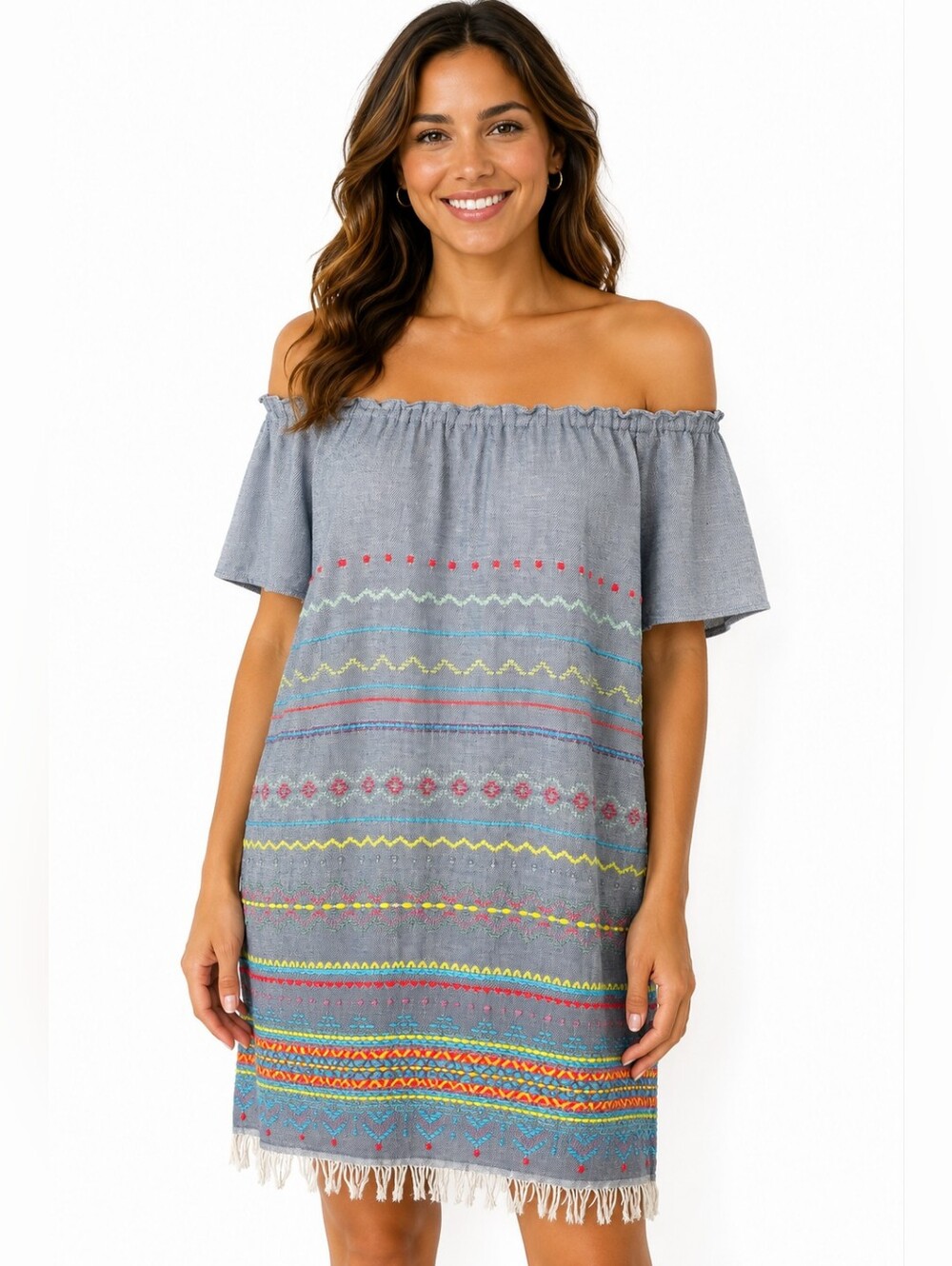 Drew Medium Off Shoulder Dress Embroidered Boho Fringe Hem Gray‎